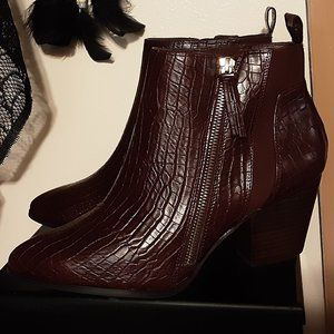 Burgundy Faux Croc Ankle Boots